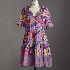 Sundance Fields Of Beauty Dress Size XL Purple Floral Print Boho Tiered Cotton